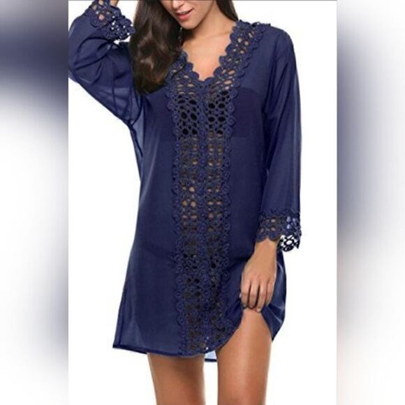 Miyang Blue Lace Embroidered Tunic Top Sz Large - Picture 1 of 3
